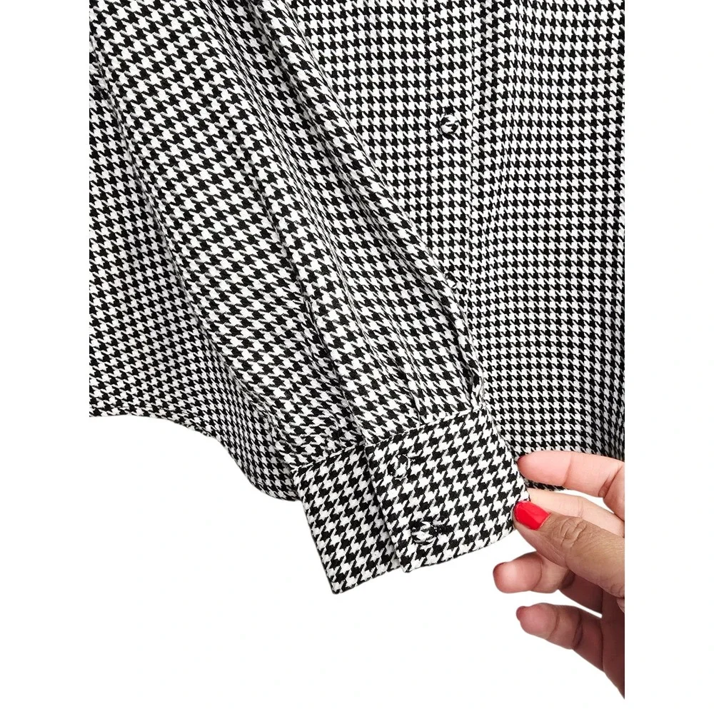 Zara Houndstooth Button Up Shirt‎ S Black White Collared Preppy Academia Chic